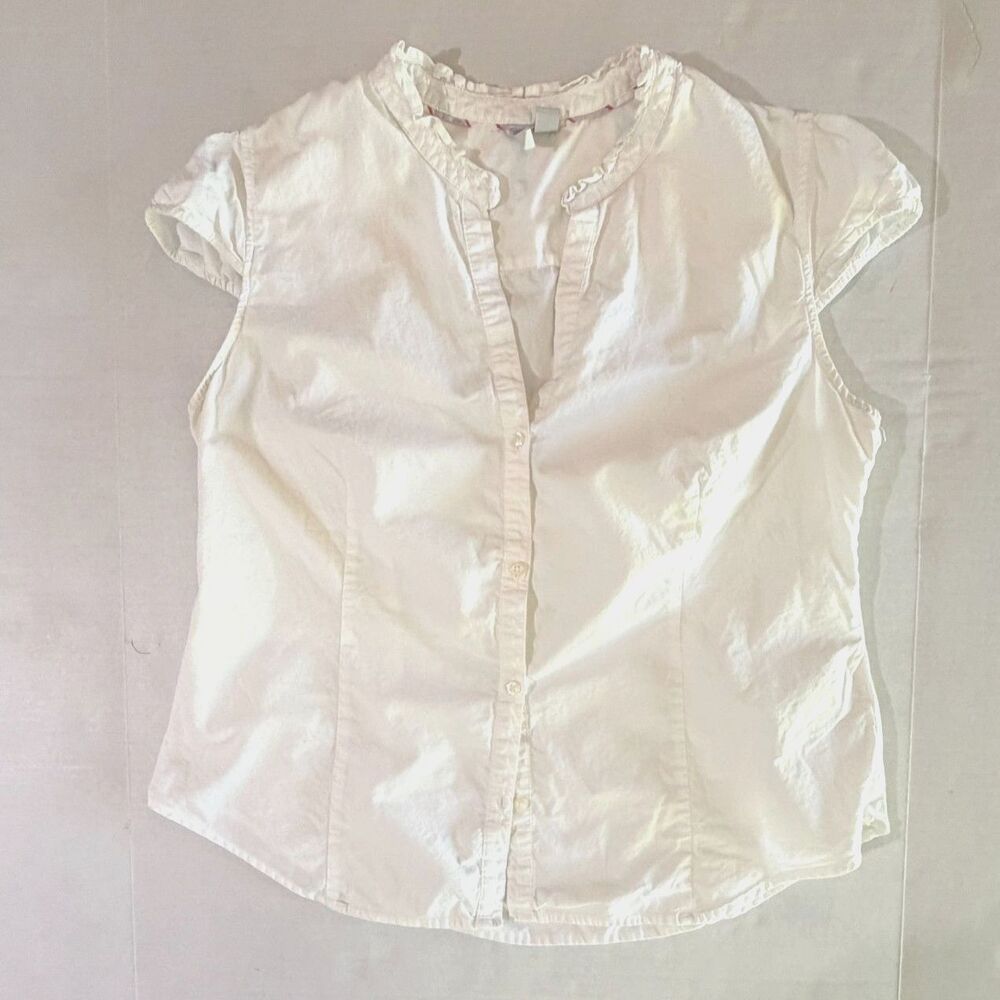 VTG Y2K Old Navy White Cap Sleeve Tailored Button Up Blouse, XL Twee Retro